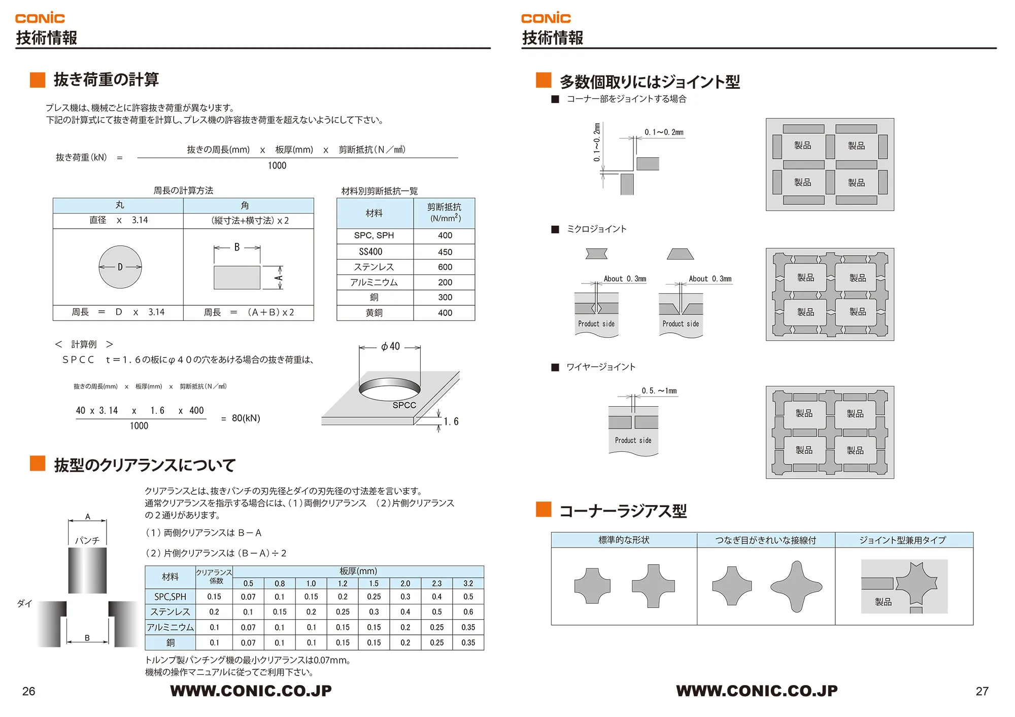 技術情報（抜き荷重の計算・抜型のクリアランスについて）/ 技術情報（多数個取りにはジョイント型・コーナーラジアス型）