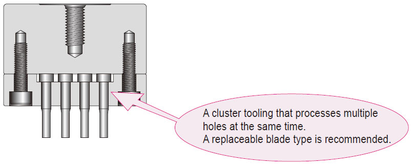 A cluster tooling that processes multiple holes at the same time. A replaceable blade type is recommended.