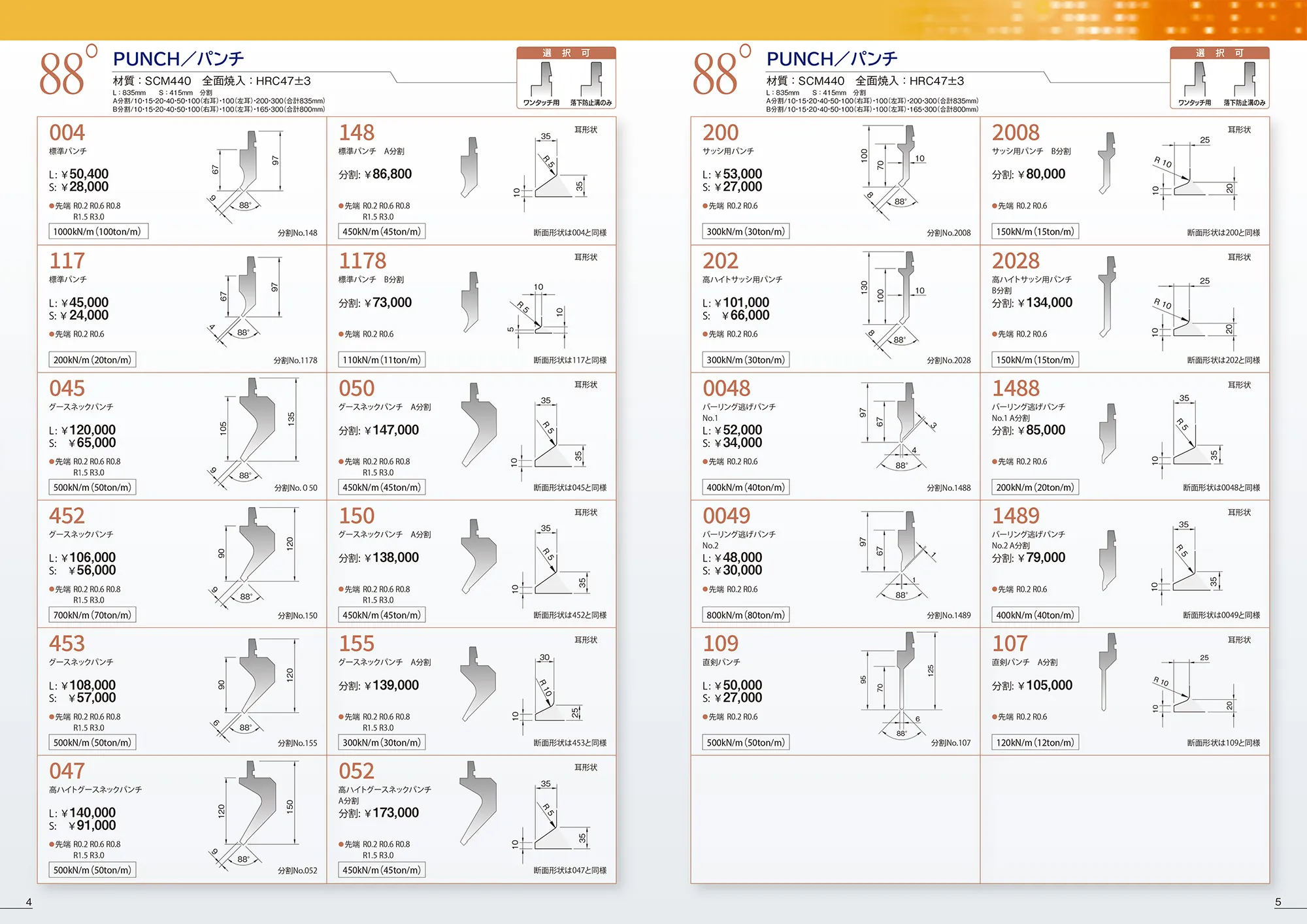 パンチ｜標準パンチ・グースネックパンチ（88°）/ サッシ用パンチ・バーリング逃げパンチ・直剣パンチ（88°）